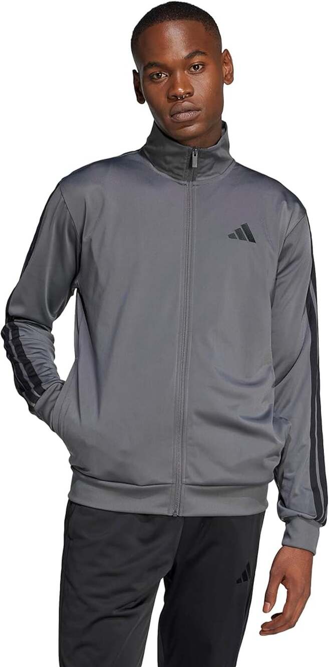 Adidas Men's 2XL Solid Grey Black 3-Stripes Zip Up Top Tricot Track Jacket M36-4